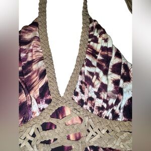 Sky Top Western Leopard Chic Leather Halter Top Strappy halter tie straps XS y2k